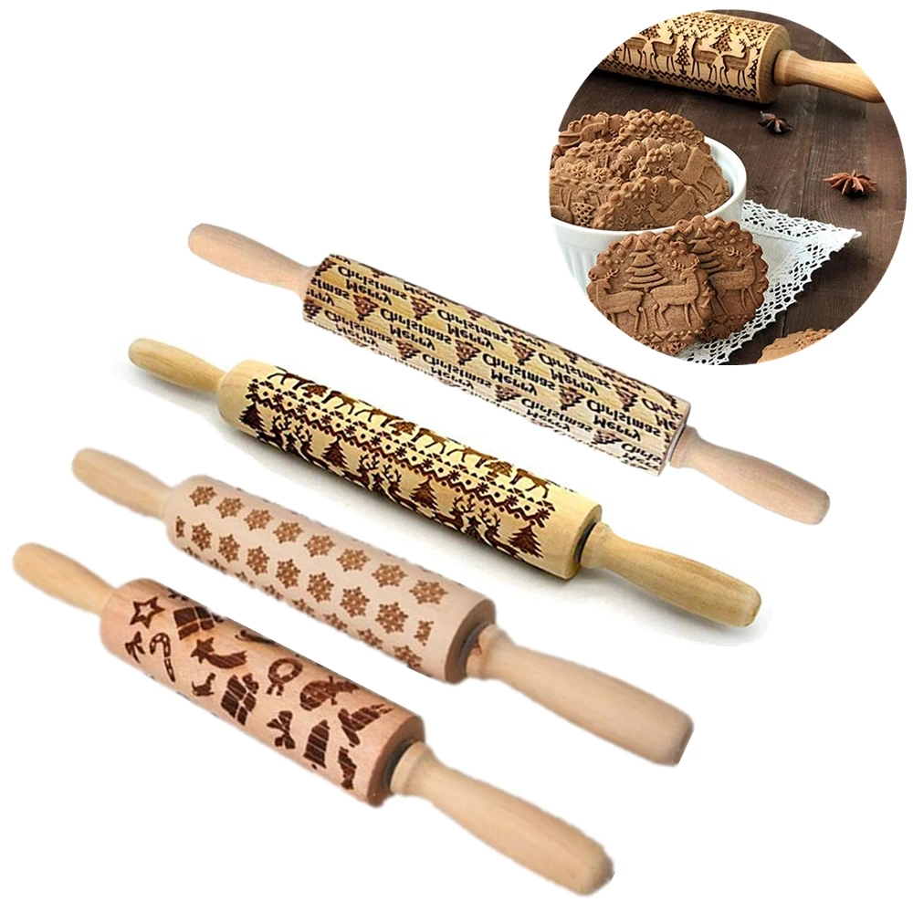 

Christmas Rolling Pin Embossing Baking Cookies Biscuit Baking Roller Stamped Symbols Dough Engraved Roller Reindeer Snowflake