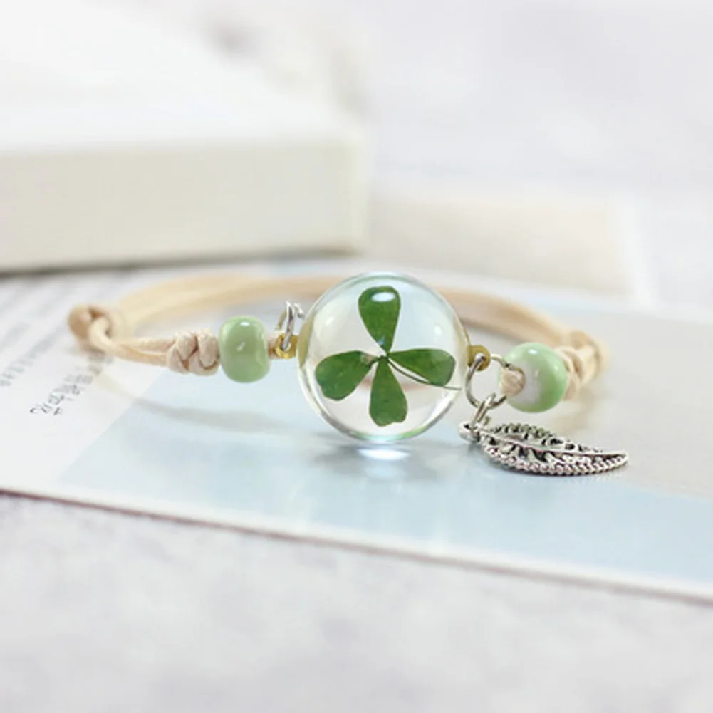 

Crystal Glass Ball Charm Bracelet Boho Vintage Charm Bracelet Women's Weave Multilayer Leather Bracelet Lucky Leaf Clover Flower