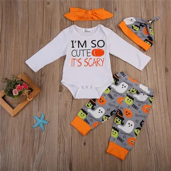 

2017 Fashion Halloween Style Newborn Baby Boys Girls Clothes Set Letter Print Romper Pants Headband Hat Outfits Leggings Clothes