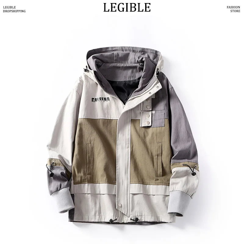 

LEGIBLE Hip Hop Jacket Men Autumn Loose Spliced Hooded Mens Jackets Coats Outwear Streetwear Jacket Men Coat