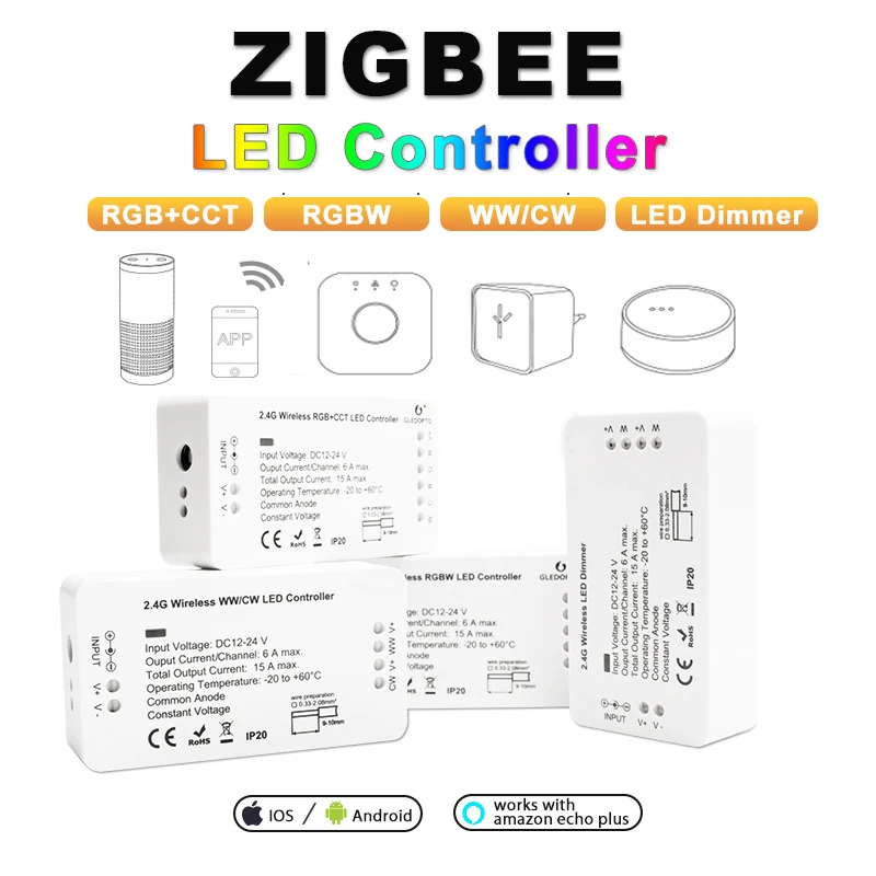 zigbee hub Led controller smart (rgbcct/wwcw/rgbw/dimmer)strip Light Controller DC12-24V LED Dimmer Work with hub and Echo Plus