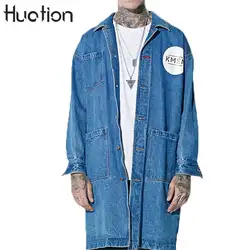 Huation плюс длинные Письмо печати Хип-хоп Denim Тренч Для мужчин новые модные джинсы длинное пальто Для мужчин s длинный плащ пальто джинсовая