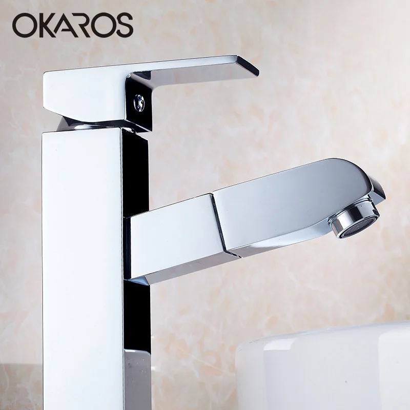 Okaros Ванная комната смеситель вытащить форсунки высокого Стиль твердая латунь одной ручкой горячая холодная вода смеситель Cozinha