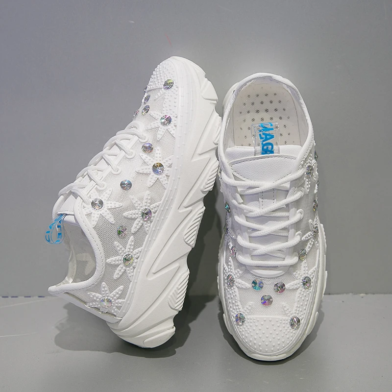 

Women's Shoes White Sneaker Women Platform Thin Mesh Breathable Rhinestone Lace-up Summer Flower Ladies Shoes Sneakers ks826w