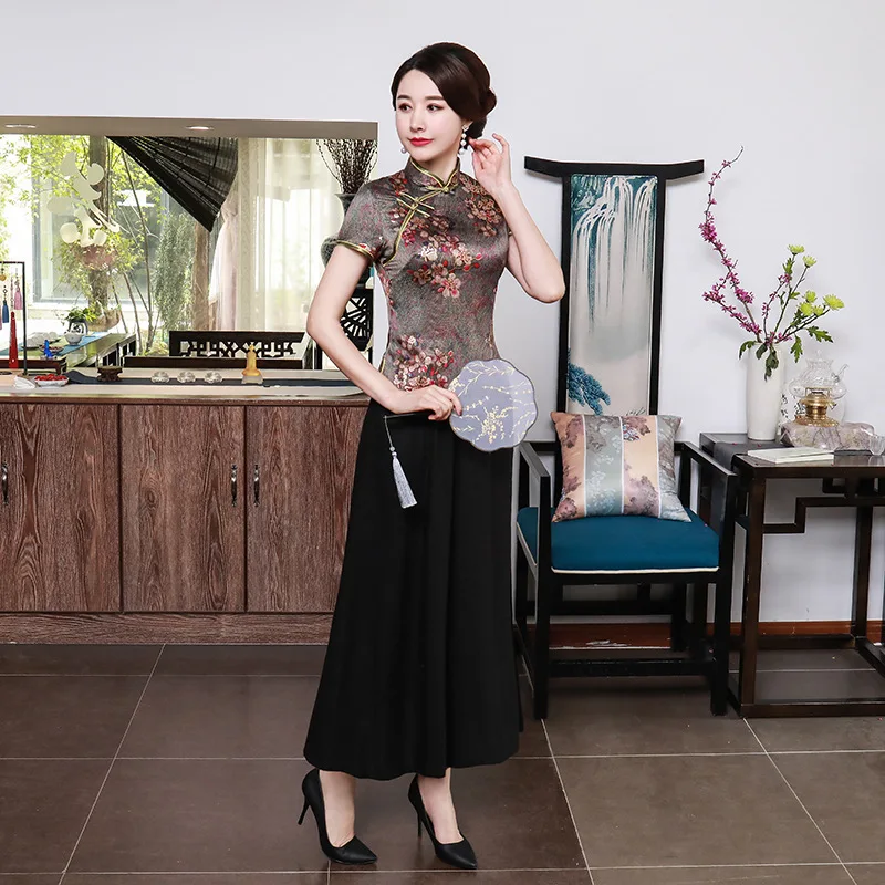 Китайский традиционный Топ Ципао с коротким рукавом, Цветочный Ретро стиль, улучшенный костюм в стиле Тан, женская блузка с воротником-стойкой, рубашка Ципао, 5 цветов