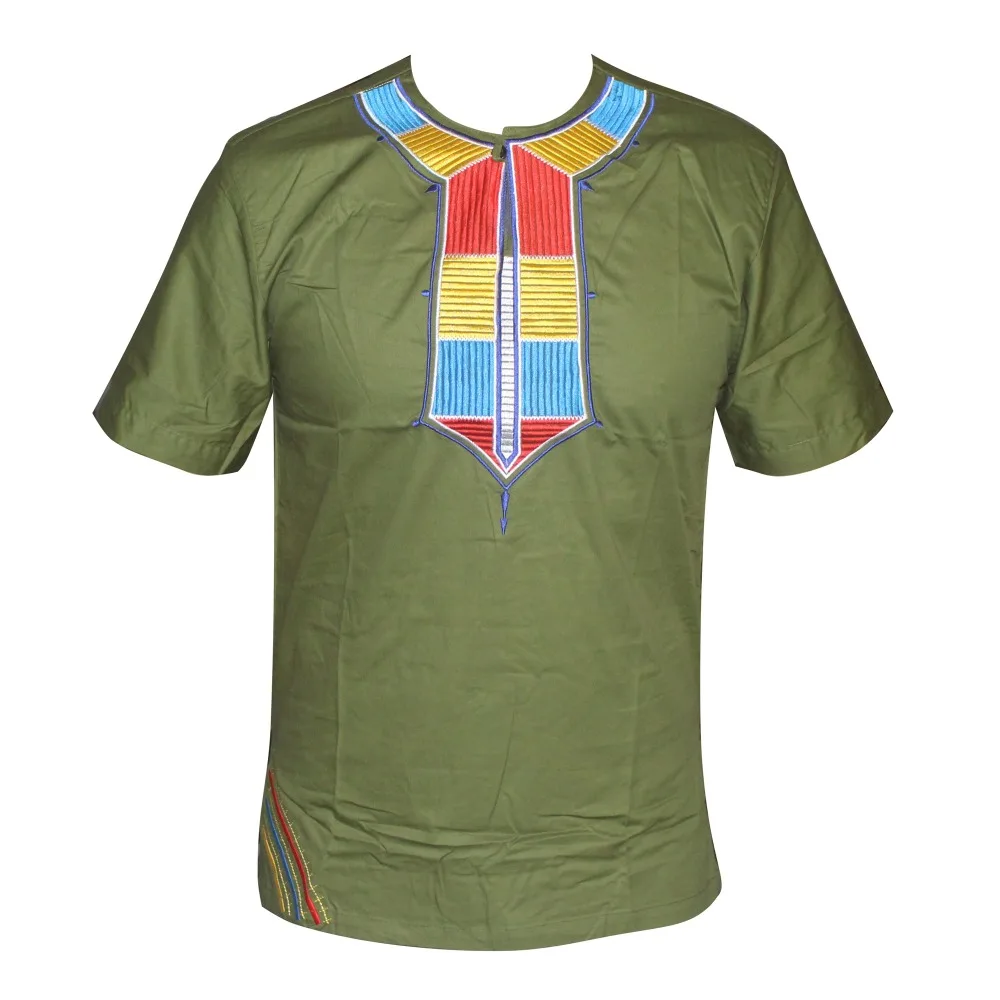 Красочная зеленая вышивка Dashikiage мужской африканский топ с коротким рукавом в