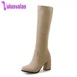 VulusValas Размеры 32-46 Для женщин сапоги до колена Высокая Зимняя обувь на каблуке женские высокие ботинки на толстом каблуке круглый носок
