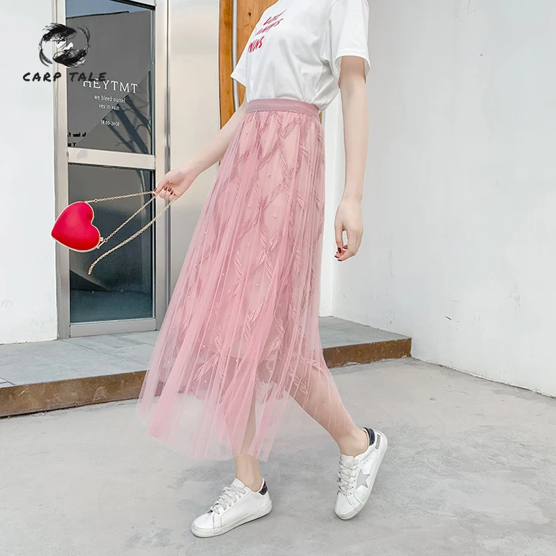 

Korean version of the spring and summer new mesh cool and comfortable skirt beaded fairy skirt A word skirt in the long skirt