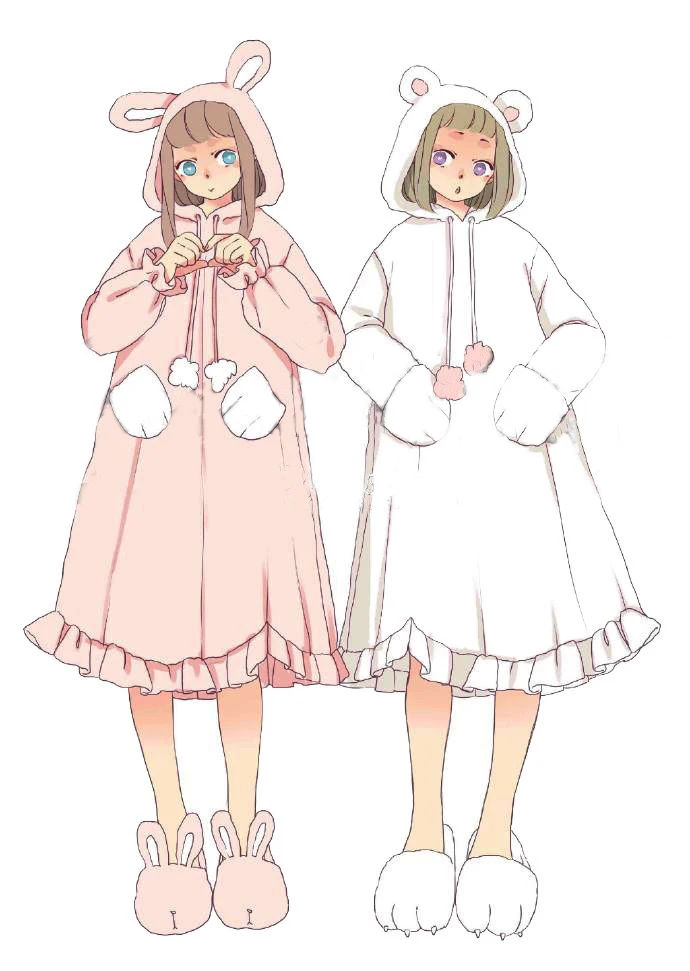 

Super Cute Rabbit & Bear Girls Lolita Soft Fleece Pink Sleep Dress Kawaii Gown Vintage Princess Hooded Nightgowns
