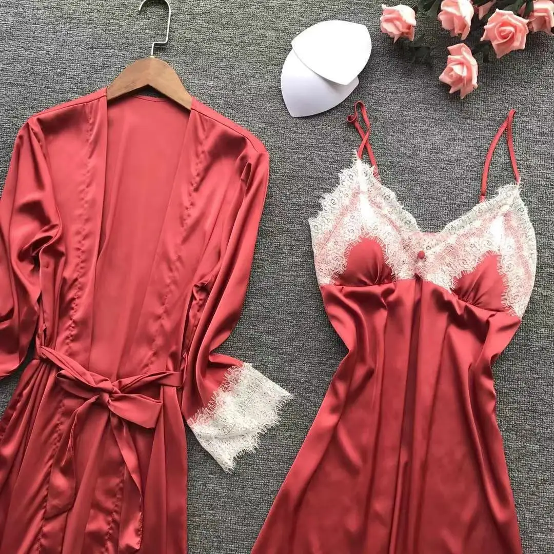 Lisacmvpnel Весенняя Сексуальная кружевная ночная рубашка+ костюм с кардиганом халат комплект Корейская пижама с длинными рукавами для женщин - Цвет: Brick red