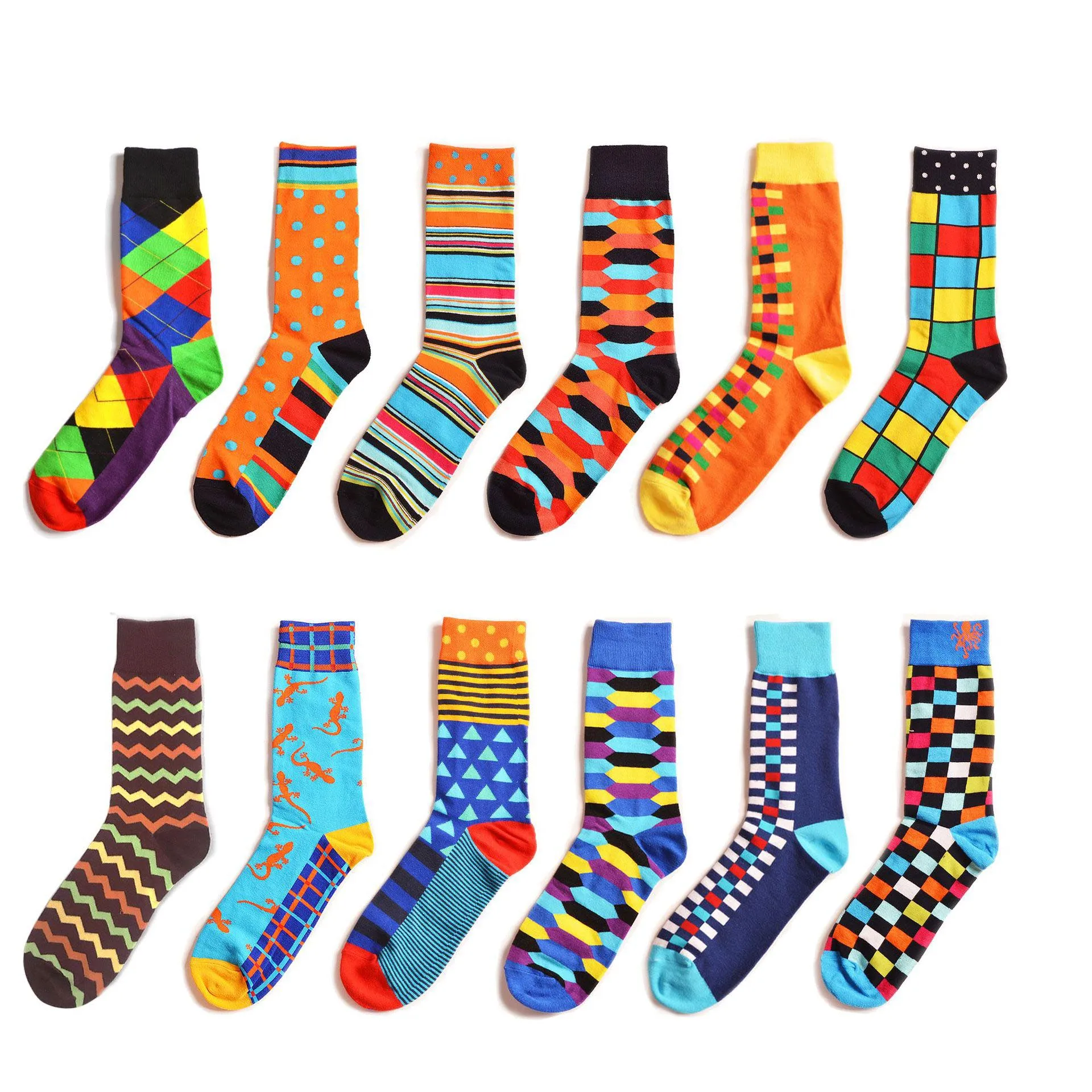 

12 Pairs/Lot Classic Colorful Men's Combed Cotton Socks Novelty Fruit Geometric Animal Pattern Causal Dress Funny Socks