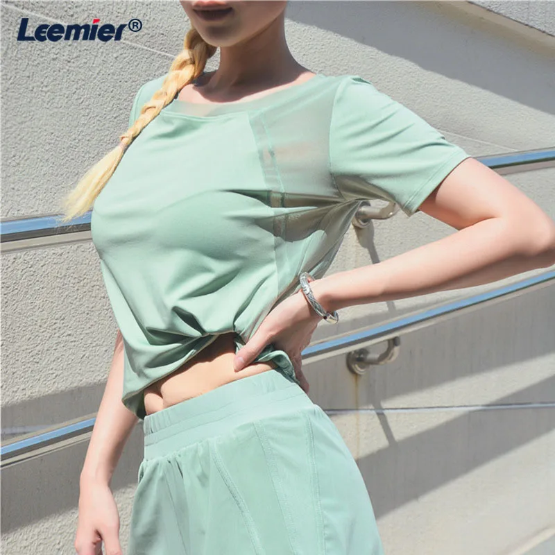 

Women Yoga Top Sports Wear Mesh Patchwork Gym Short Sleeve Yoga Shirts Workout Gym Tops Female Running Shirts