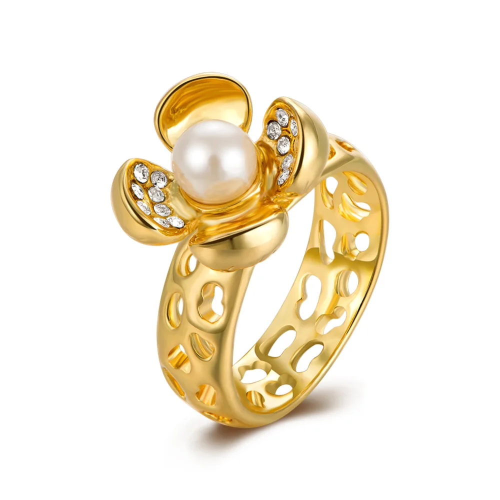 Bohemia Ring for Women Unique Design Flower Crystal imitate Pearl Anillos Hollow Elegant 18k Gold Plated Ringen Rings Jewelry | Украшения и