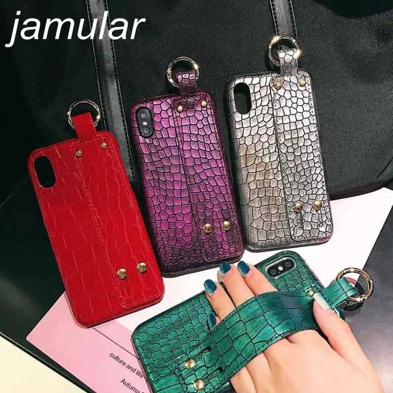 

JAMULAR Genuine Leather Hand Strap Holder Case For iPhone X 10 6 6S 7 8 Plus Phone Luxury Crocodile Hard PC Back Cover Coque