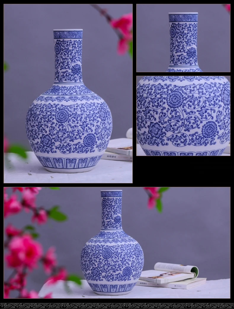 Керамическая ваза в форме лотоса с синим и белым интерлоком, тонкое китайское украшение для дома, высокое качество, Цзиндэчжэнь, антикварная ваза для отеля