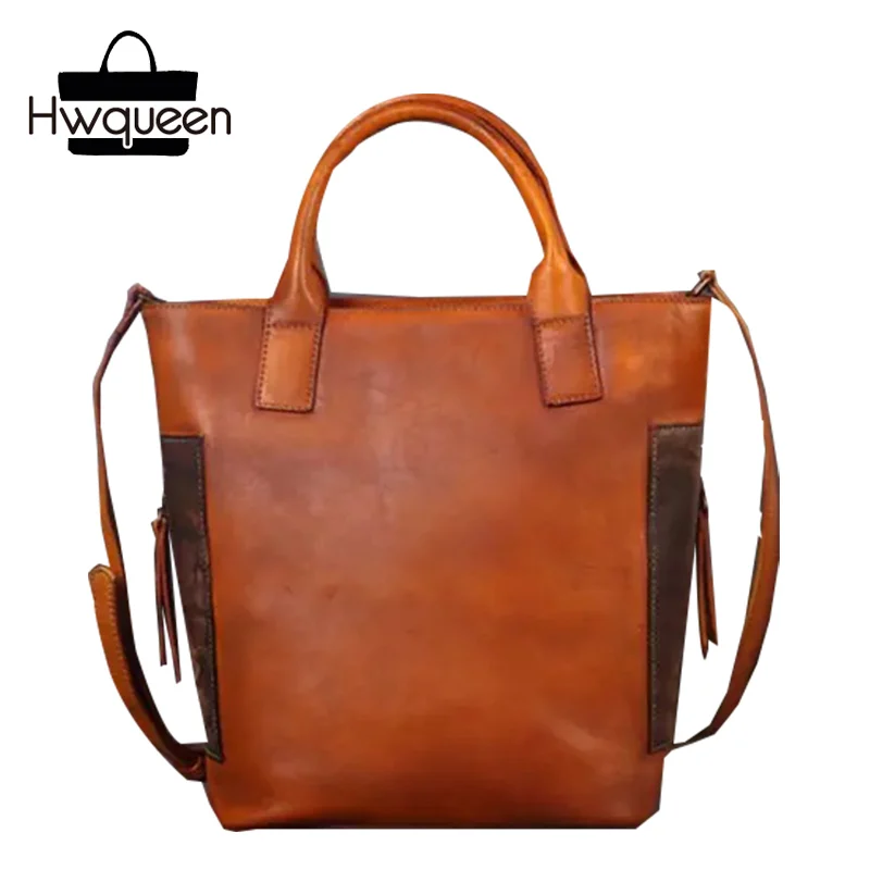 

Unique Color-mixing Designer Genuine Cow Leather Women's Top Handle Brown Handbag Cowhide Female Totes Bag Cross Shoulder Bag