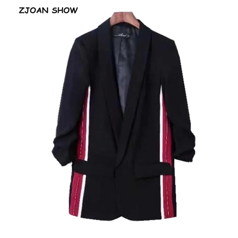 

Boyfriend Notched Collar Spliced Striped Mid Long Blazer 2018 Autumn Woman Ruched Cuff Casual Suit Jacket Coat Outerwear Black