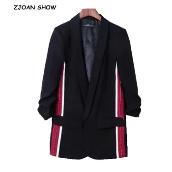 

Boyfriend Notched Collar Spliced Striped Mid Long Blazer 2018 Autumn Woman Ruched Cuff Casual Suit Jacket Coat Outerwear Black