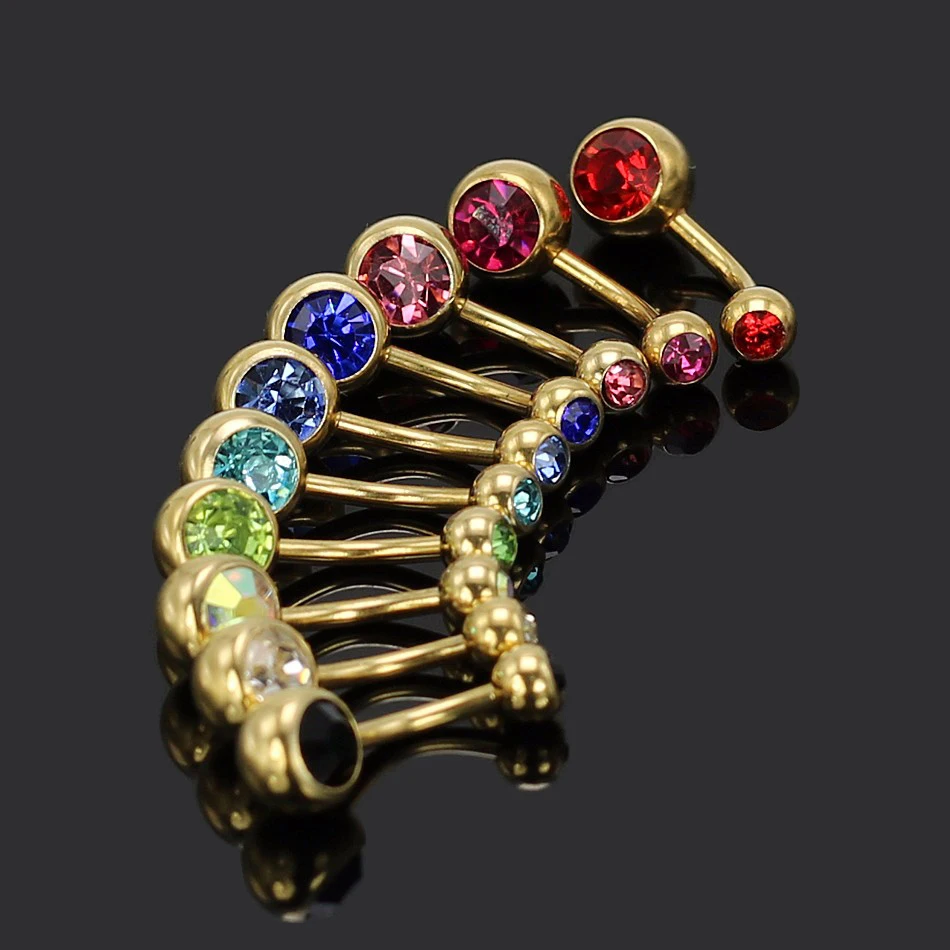 

1pc Gold-color Plated Belly Button Rings Double CZ Crystal Barbell Navel Ring Piercing Ombligo Nombril Body Jewelry