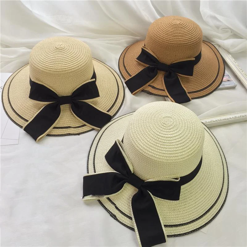 [DINGDNSHOW] 2019 العلامة التجارية قبعة الشمس الكبار الصيف كاب للنساء Bowknot شاطئ كاب قبعة من القش بحافة عريضة