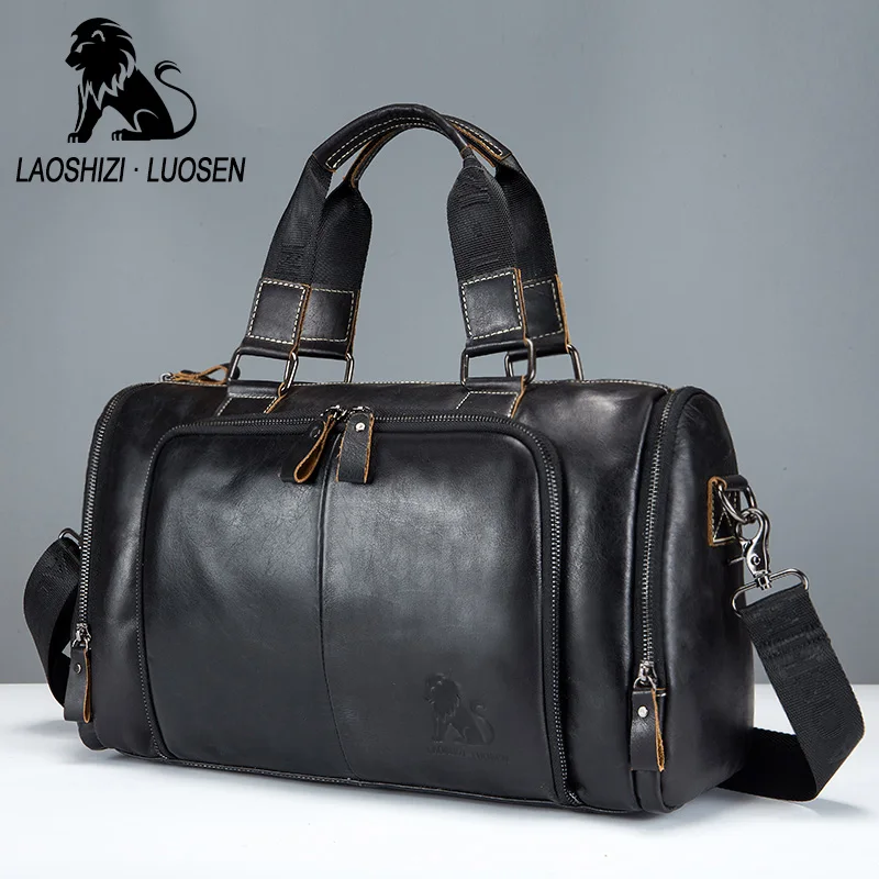 

LAOSHIZI LUOSEN men's Genuine Leather Handbag Men Travel Bags Large Capacity Big male Duffel Luggage Traveling Weekend handbags
