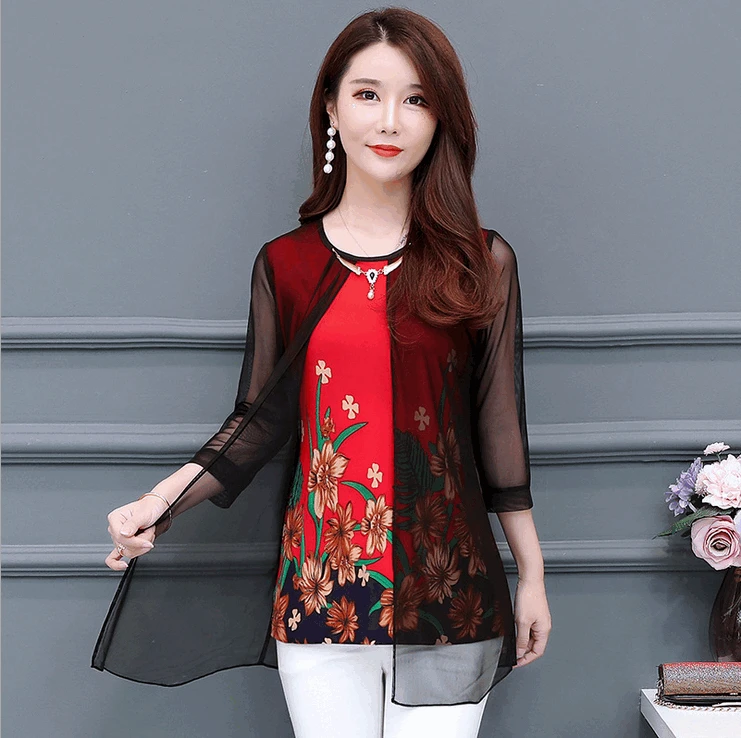 

fake two pieces top for women gauze shirt 2019 summer new middle age mother tshirt plus size tee shirt femme