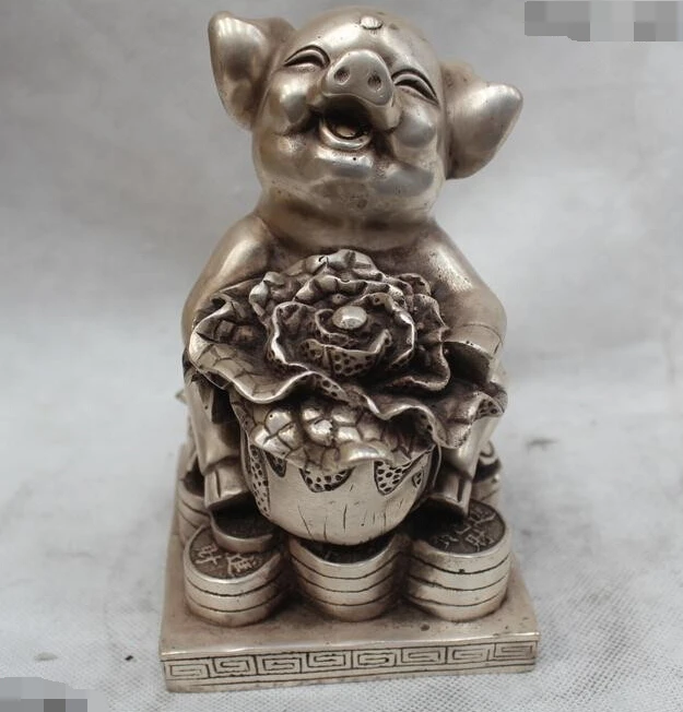 

R0717 Details about 7"China Chinese Folk Fengshui Silver Lucky Lifelike Money Cabbage Pig Statue B0403