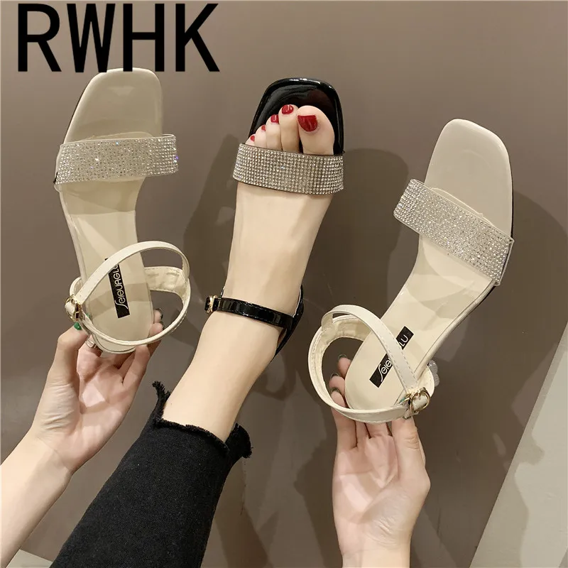 

RWHK 2019 summer new word buckle sandals female fine with open toe temperament high heels crystal with sexy sandals B118