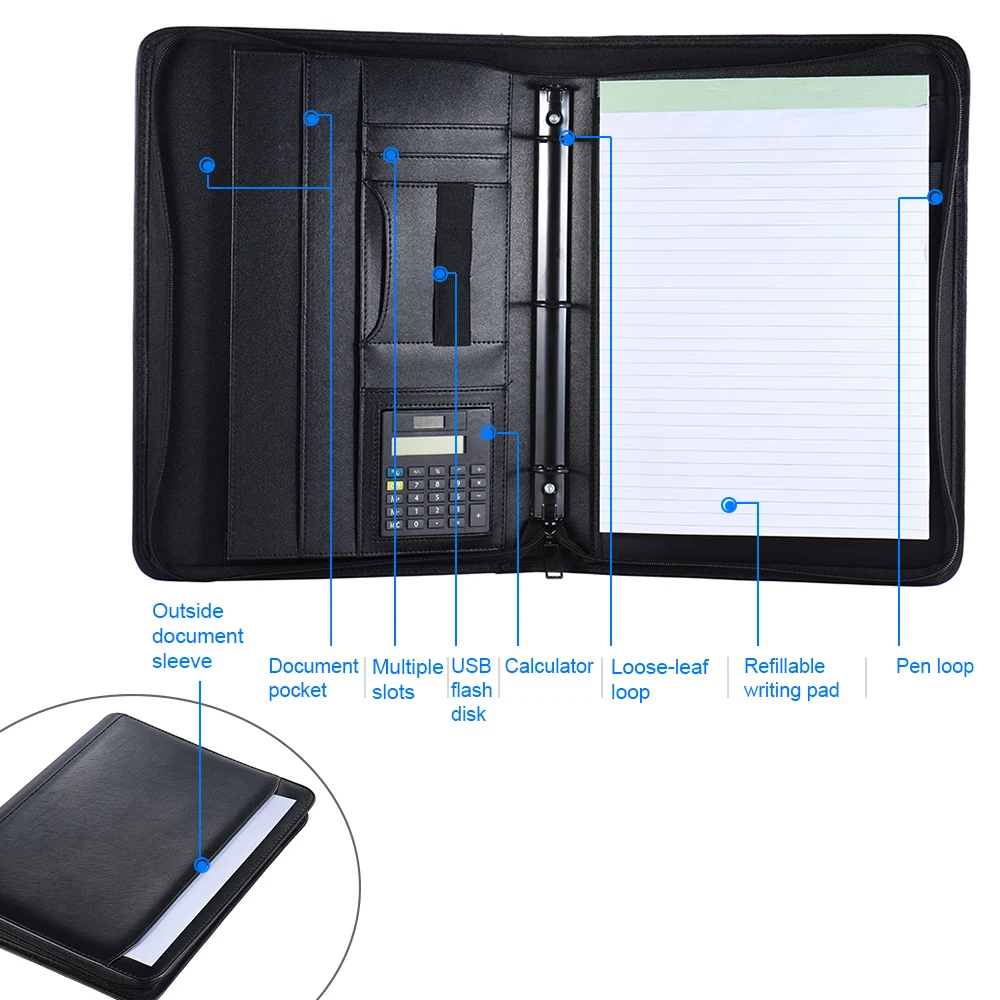 جيب حاسبة مع محفظة حالة padfolio المجلد الوثيقة المنظم متعددة الوظائف a4 بو الجلود انغلق إغلاق