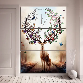 

Modern Home Wall Art Decor Frame Abstract Canvas Poster HD Printed 3 Piece Dream Forest Elk Painting Deer Flower Antler Pictures