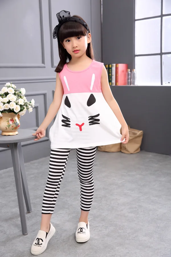 Yeedison 2018 Girls Clothes Set Summer Kids Cute Cartoon T-shirt Striped Pants Outfit Suit 2Pcs Sleeveless Children Clothing Set (15)