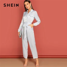 SHEIN Комбинезон На Пуговицах С Длинными Рукавами, Женский Серый Элегантный Комбинезон С Поясом