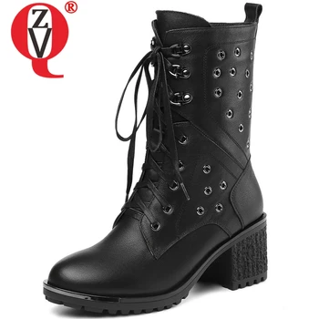 

ZVQ women shoes winter new fashion round toe genuine leather boots women high hoof heels platform cross-tied zip mid calf boots