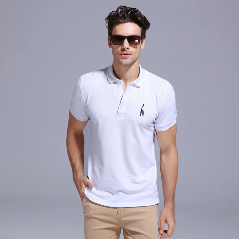 GustOmerD, брендовая качественная хлопковая рубашка поло, Мужская однотонная приталенная рубашка с коротким рукавом, Мужская модная рубашка поло с вышивкой жирафа - Цвет: white
