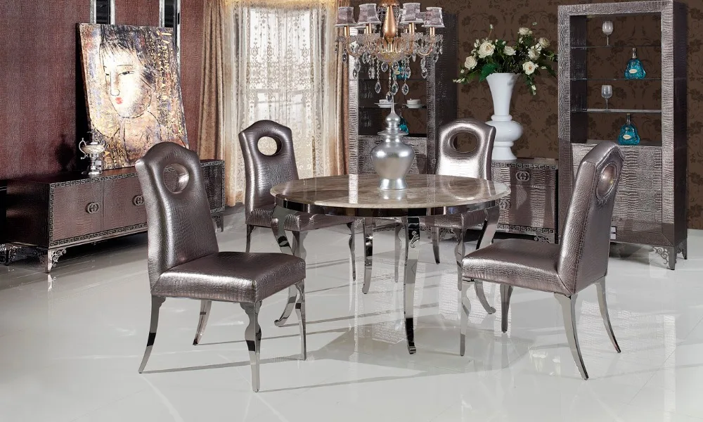 stainless steel marble Dinning table with dining room set with 4 chairs, 2 leather wine cabinet, TV unit, leather small cabinet