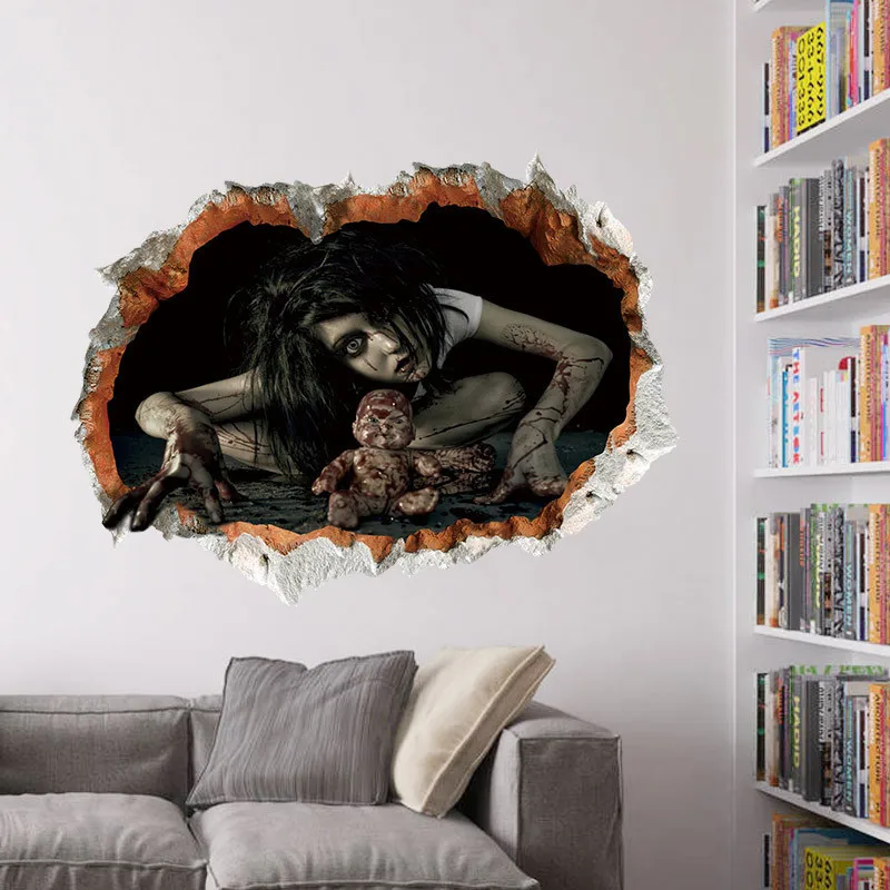 Cool Big Wall Sticker Halloween Decoration 3d View Scary Bloody Broken Ghost Sticker Home Halloween Party DIY Decoration E