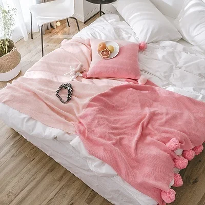 Розовое, серое вязаное одеяло, пледы, вязаное одеяло, s постельные принадлежности, чехол для дивана в том же стиле, чехол для подушки с плюшевым шариком, наволочка - Цвет: Pink