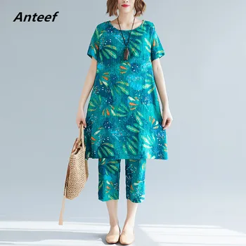 

vintage floral plus size 2 two piece set women casual loose midi summer dress elegant clothes 2020 ladies dresses pants sundress