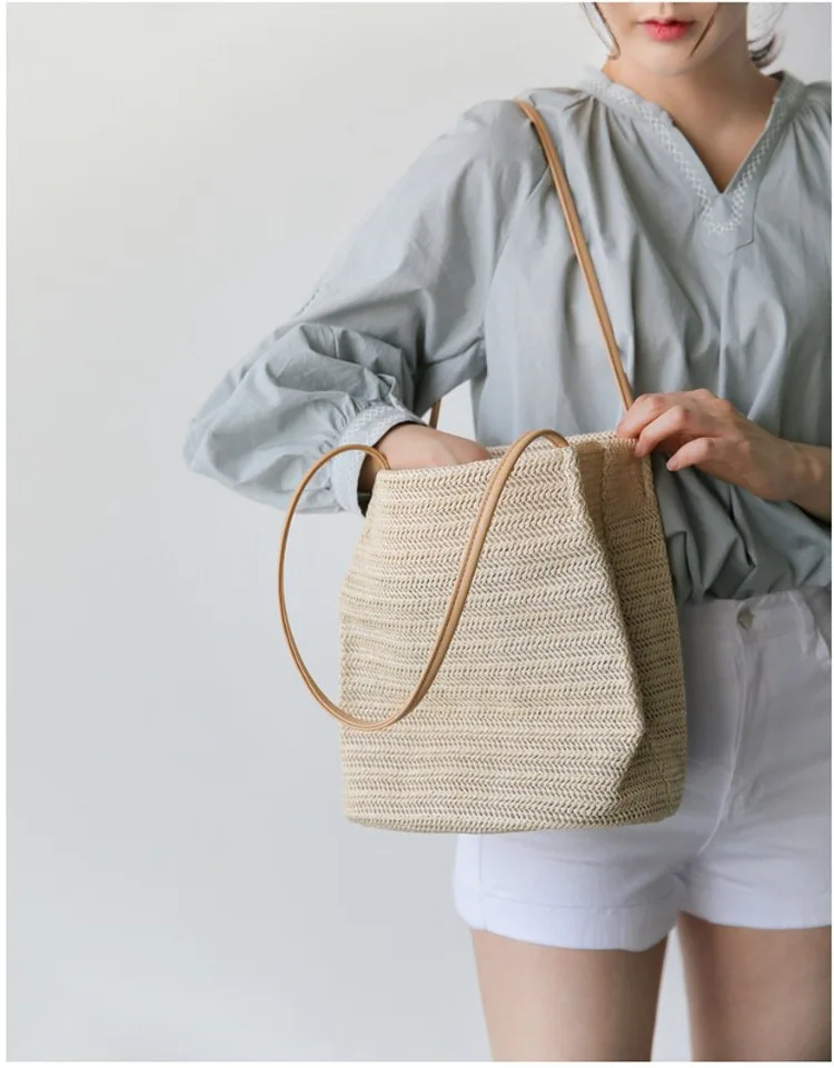 2021 Straw Tote Bag with Stripe Pattern for Summer