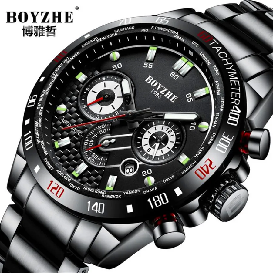 

Fashion Business Automatic Mechanical Watch Men Black Stainless Steel Strap 3 rotating small disc pointer Top Brand Luxury Watch