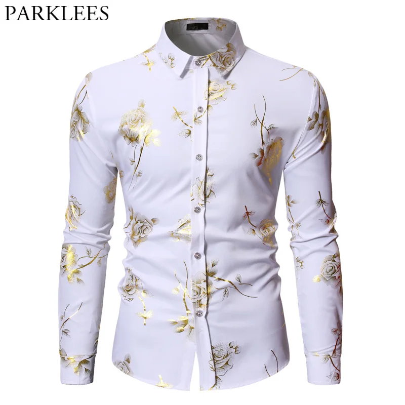 Koop Mens Gold Rose Bloemenprint Shirts 2019 Merk Bloemen Steampunk Chemise Wit Wedding Party Lange Mouwen Bronzing Camisa Masculina