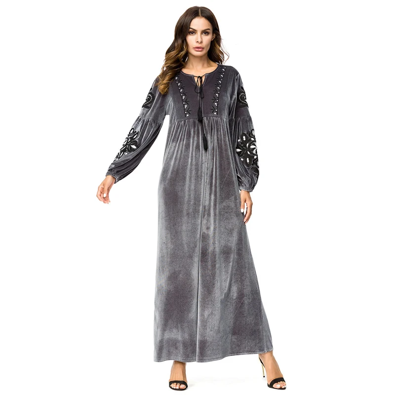 MISSJOY серый бархат платья 2018 Для женщин с v-образным вырезом и длинным рукавом с цветочной вышивкой Drawstring женские абайя модные вечернее