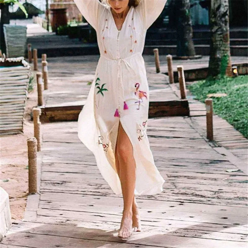 

2019 New Embroider Cotton Beach Dress Swim suit Cover up Saida de Praia Pareos de Playa Mujer Sarong Beach Cover up kaftan