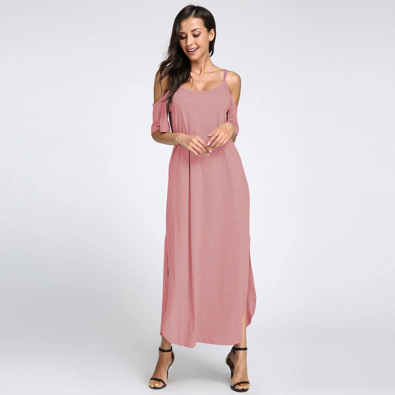 Женское длинное платье размера плюс, лето, богемное, сексуальное, с открытыми плечами, повседневное, свободная рубашка, Vestidos, раздельный, пляжный Сарафан - Цвет: Розовый