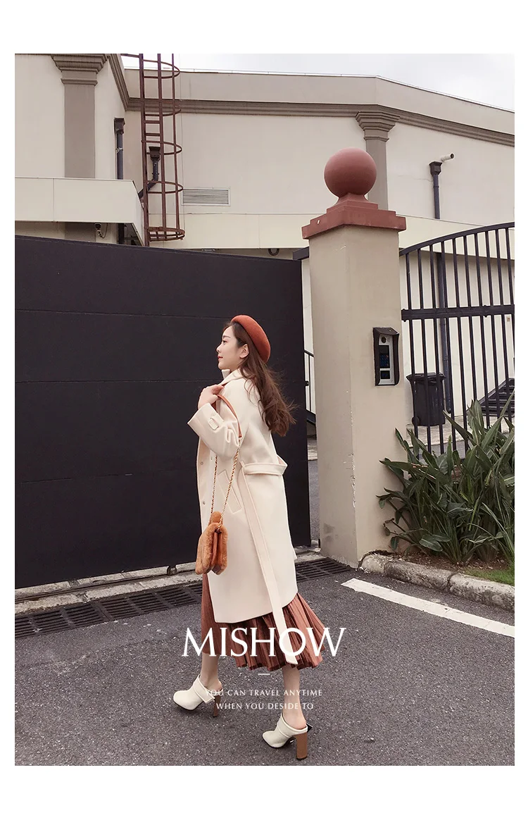 MISHOW осенне-зимнее шерстяное пальто женское средней длины Новое двубортное прямое шерстяное пальто MX17D9636