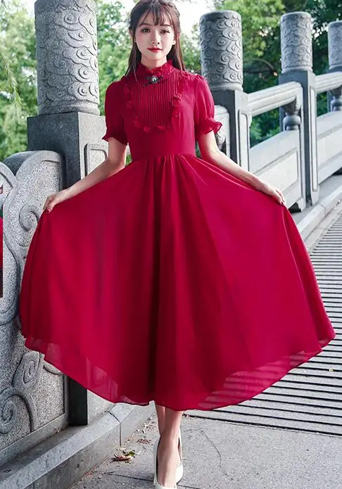 

Free Shipping New Spring Style Pure Color Retro Collar Zipper Decoared Short Sleeve Woman Long Dress Red