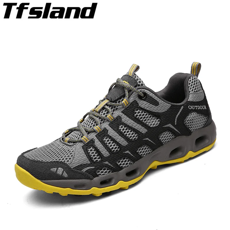 

2019 Men Outdoor Sneakers Breathable Hiking Shoes Big Size 46 Men Single Net Aqua Shoes Sandals Men Trekking Trail Water Sandals