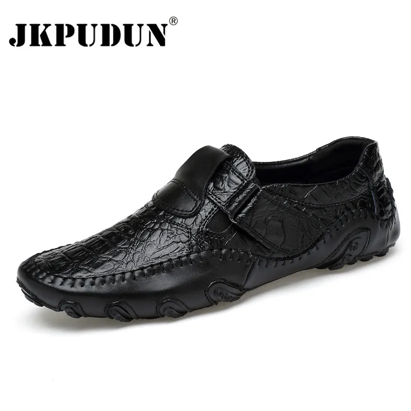 

JKPUDUN Men Casual Shoes Genuine Leather 2018 Mens Loafers Luxury Brand Fashion Breathable Driving Shoes Slip On Comfy Moccasins