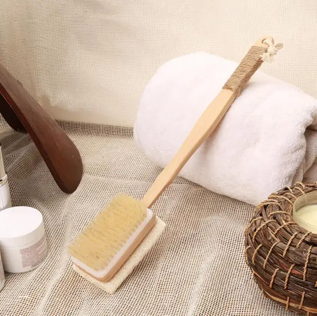 Double Sides Fashion Natural Wooden Brush Bathroom Accessories Double Sides Fashion Natural Wooden Brush Bathroom Accessories Loofah Bristle Long Handle Bath Sponge