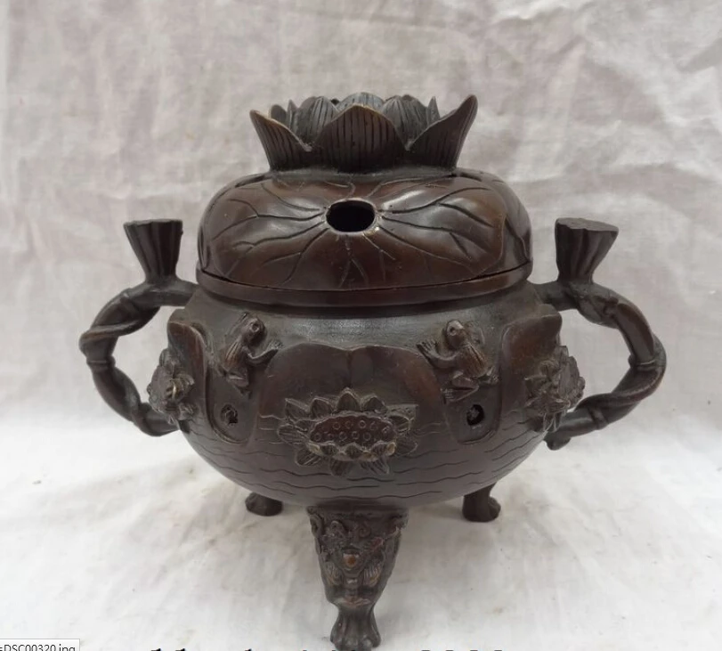 

JP S0606 9" Folk Chinese Bronze Lotus Pond Frog Statue Lion Head Incense Burner Censer